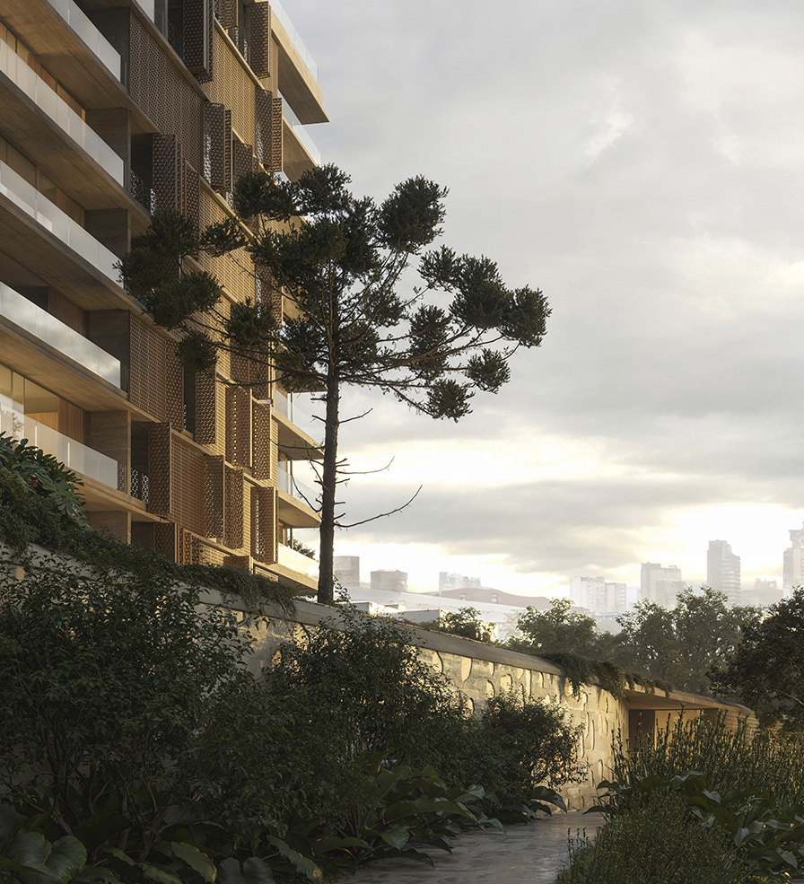 A torre é posicionada ao final do terreno, abrindo espaço para um generoso paisagismo.